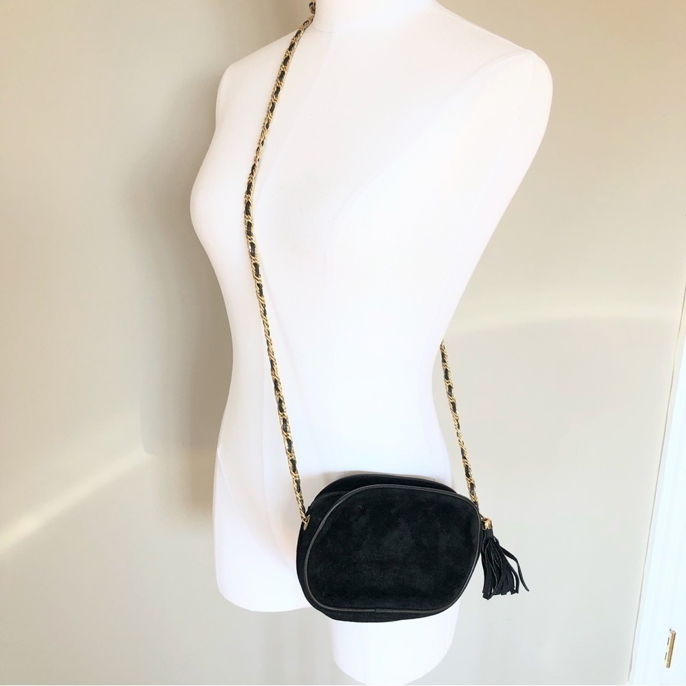 BLACK suede mini Crossbody bag with gold chain